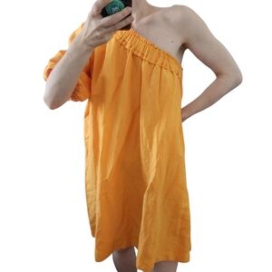 Anthropologie Linen Blend One Shoulder Mini Dress XXS Oversized Cottage‎ Beach